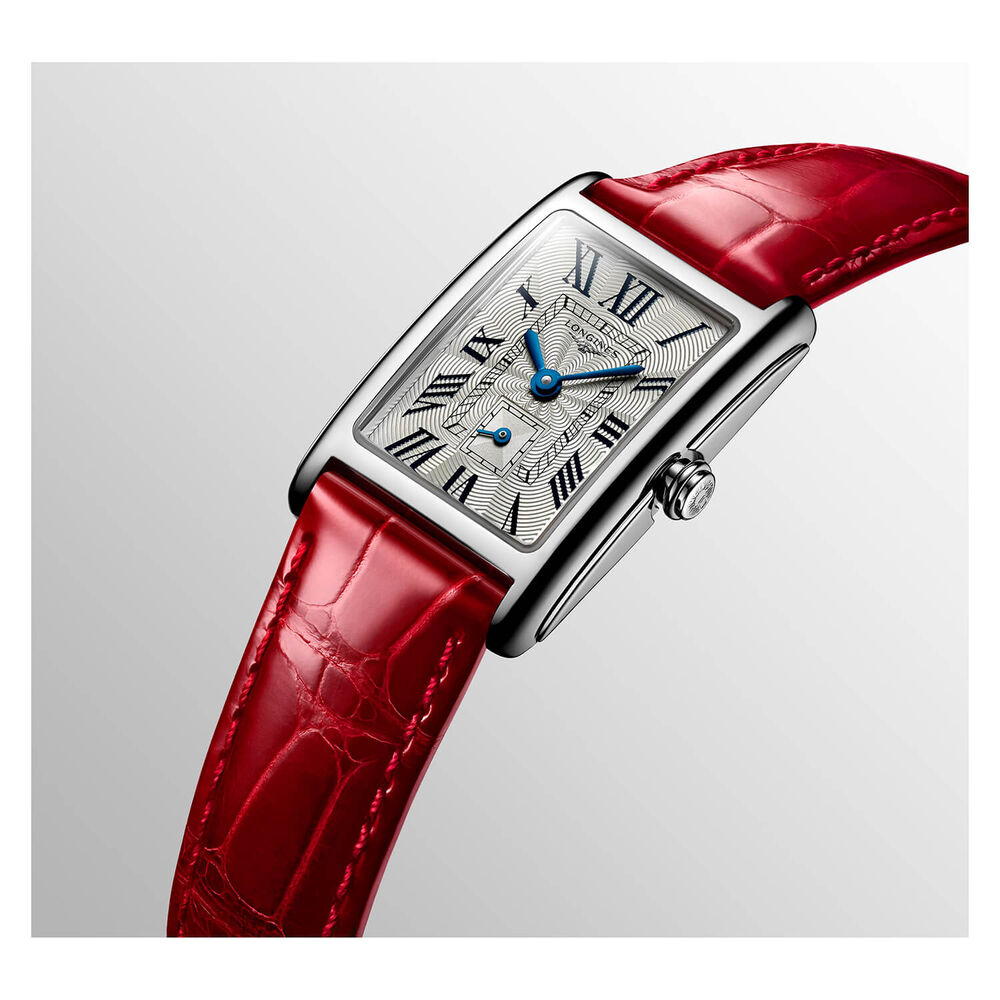 Longines DolceVita Silver With Roman Numeral Dial Steel Case Red Strap Watch image number 3