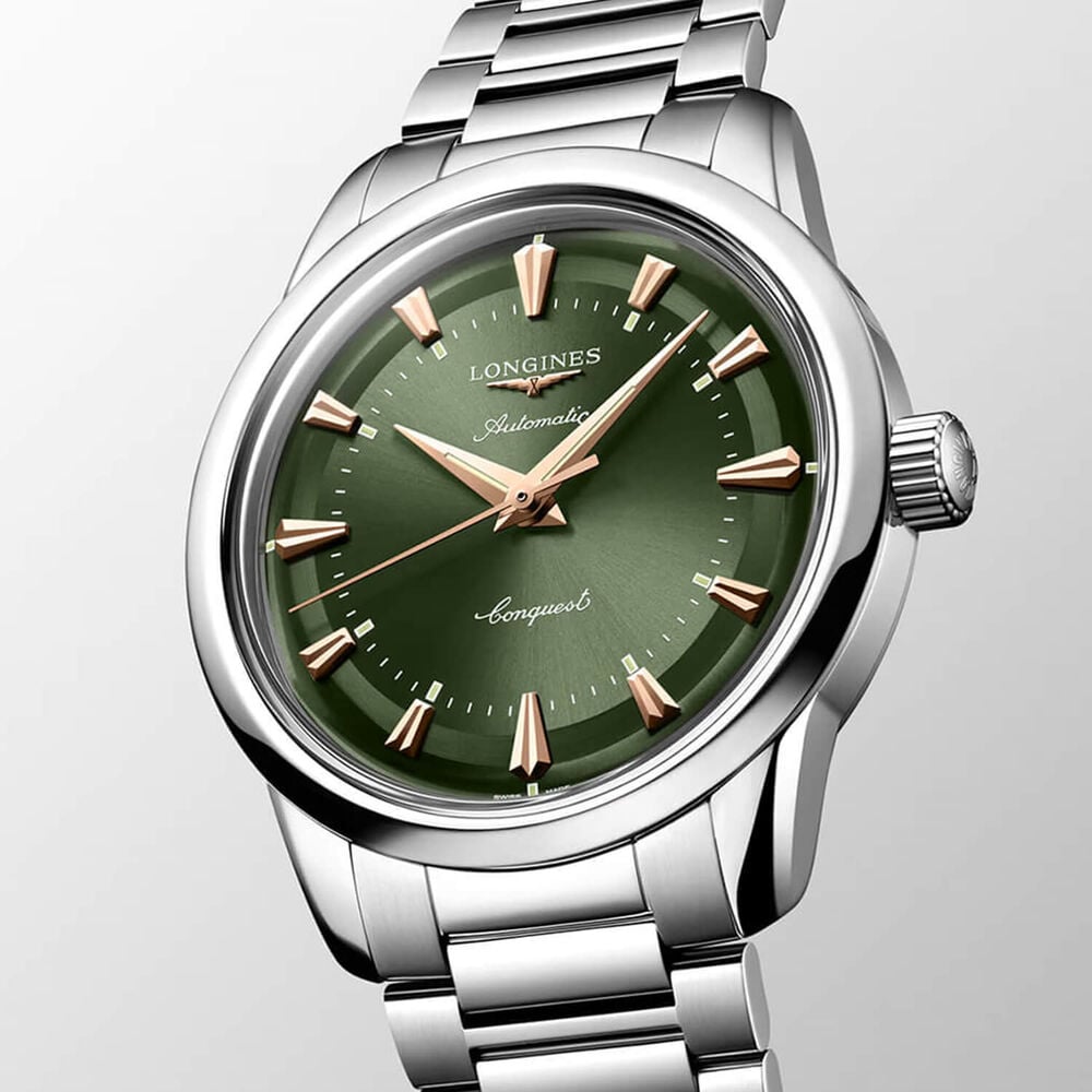 Longines Conquest Heritage 38mm Green Dial & Pink Hands Steel Bracelet Watch