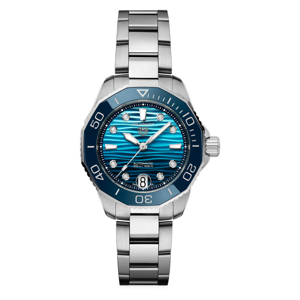 TAG Heuer Aquaracer Professional 300 Date 36mm Blue Dial Diamond Dots Steel Bracelet Watch