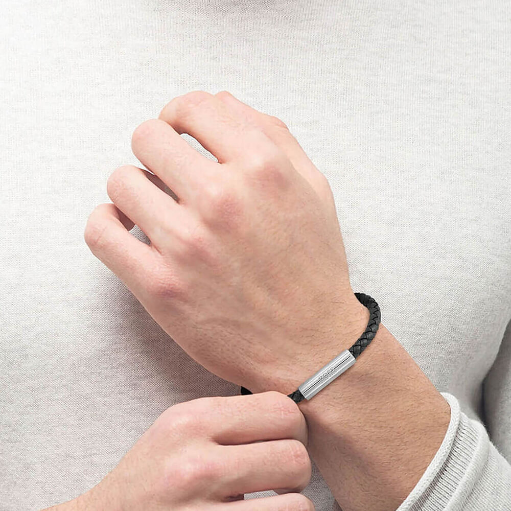 BOSS Braided Black Leather Mens Bracelet image number 3