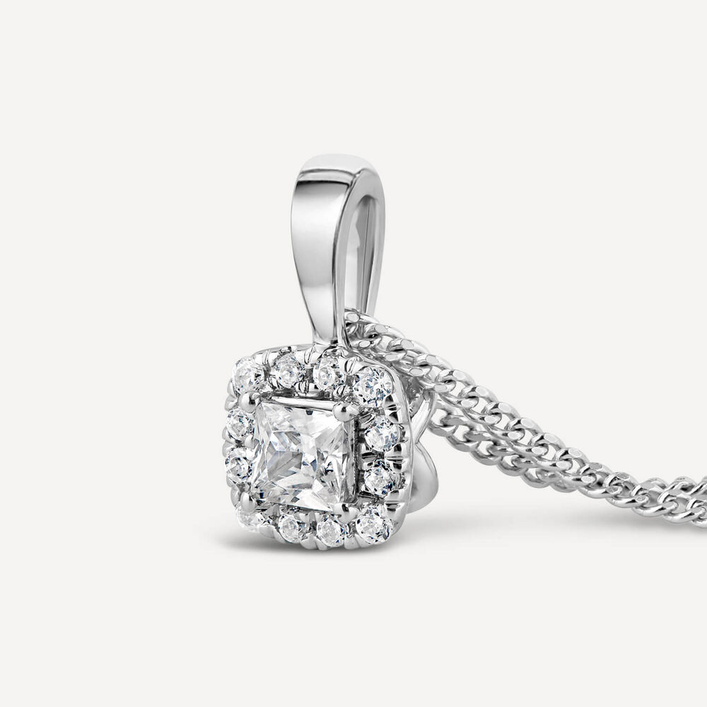 9ct White Gold Orchid Princess Cut Diamond Halo Pendant image number 1