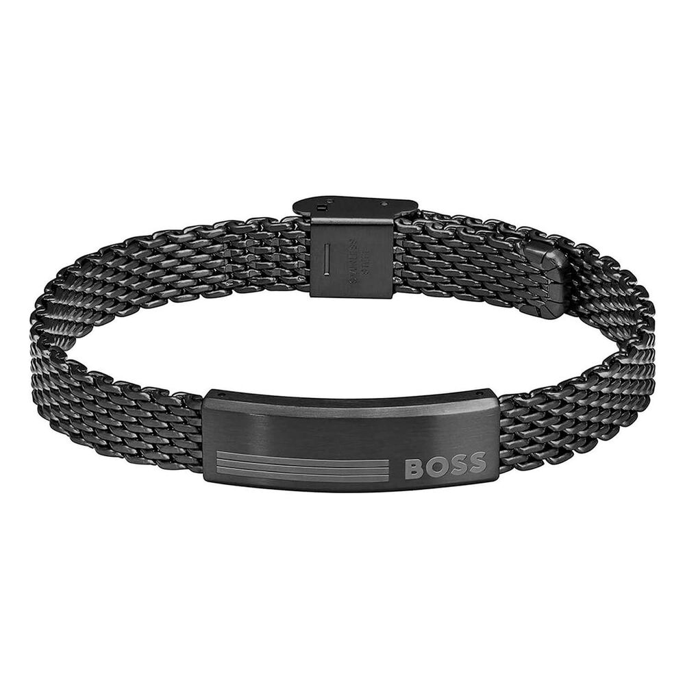 BOSS Alen Black IP Stainless Steel Signature Plate Bracelet