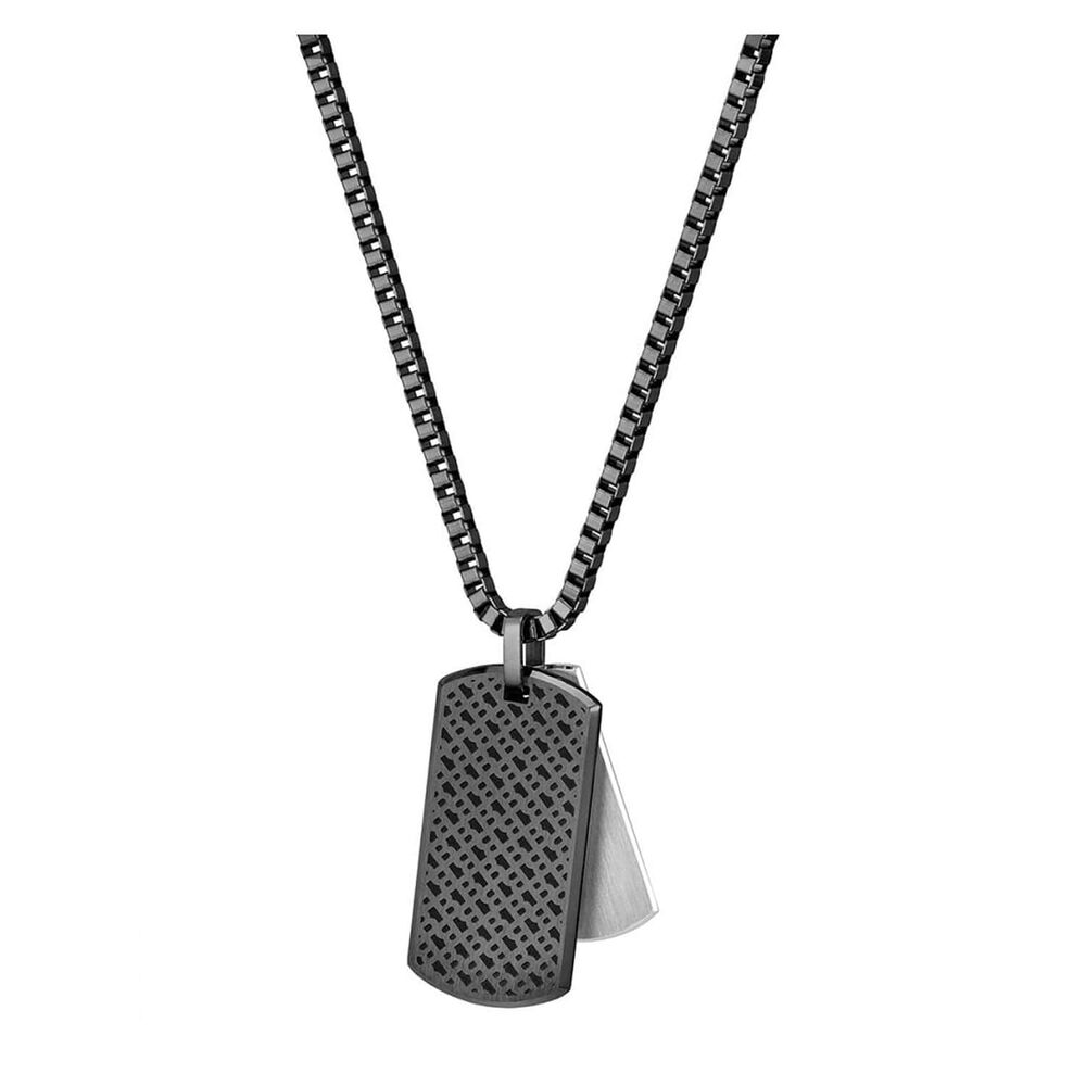 BOSS Devon Branded Double Tag Pendant Black IP Box Chain Steel Necklace image number 2