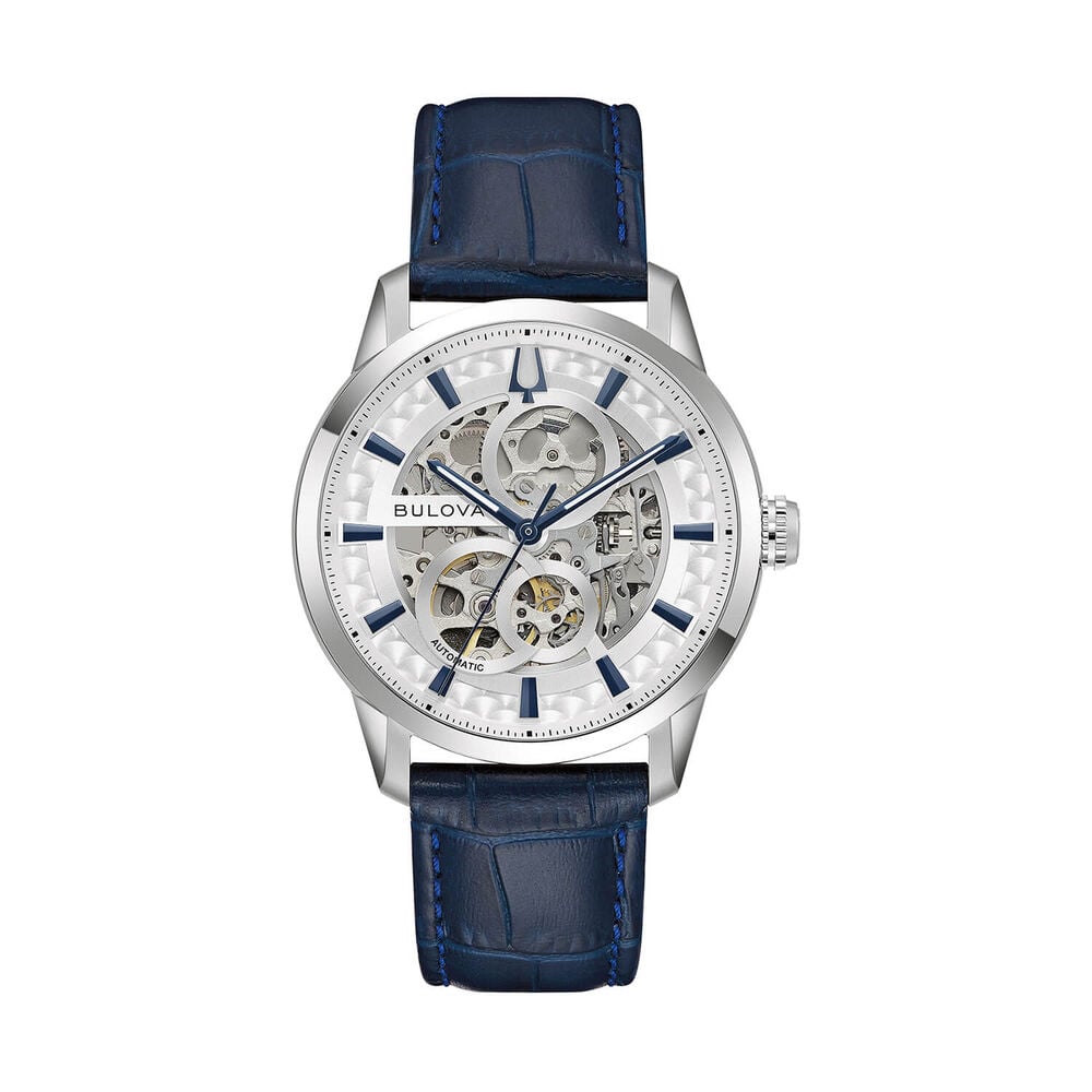 Bulova Sutton Automatic 40mm Silver Skeleton Dial Blue Leather Strap Watch