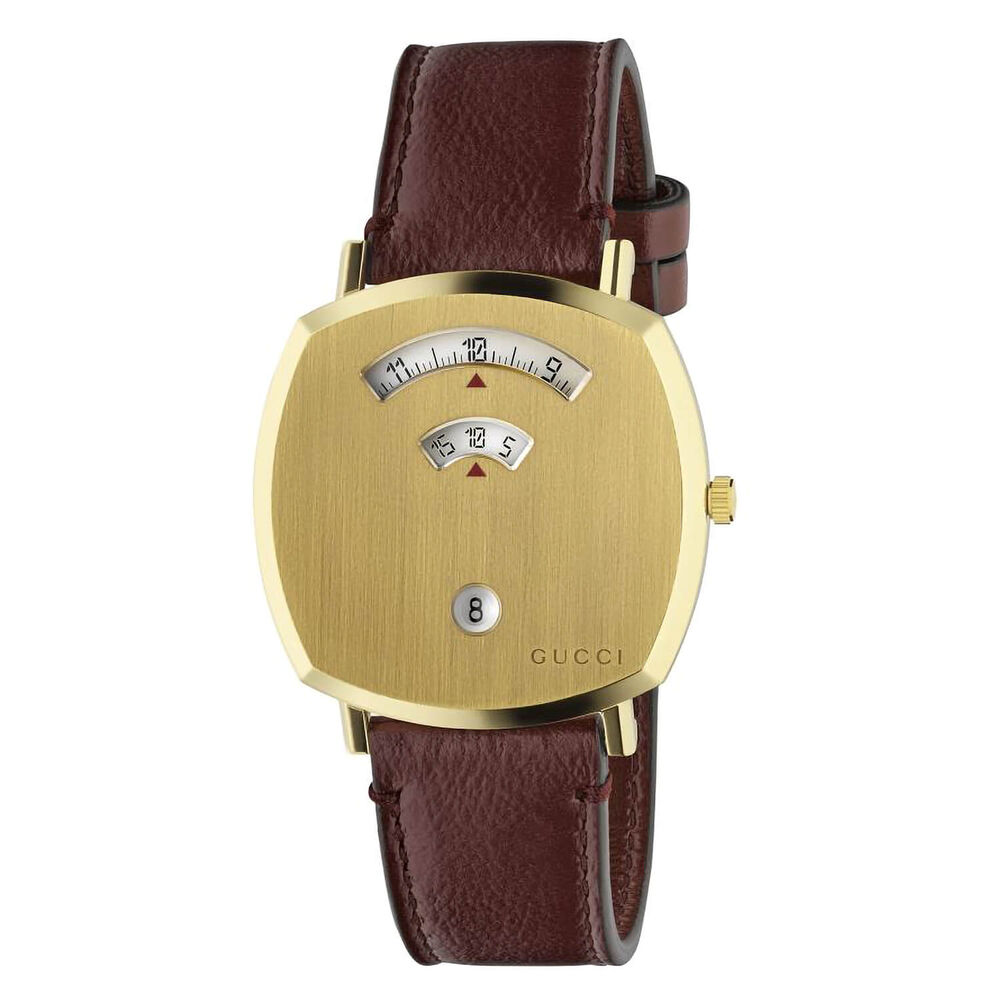 Gucci Grip GG 38mm Yellow Gold PVD Bordeaux Leather Strap Watch