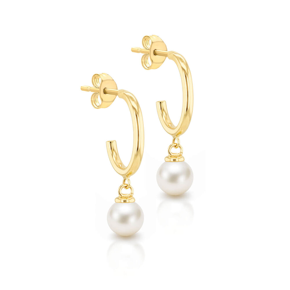 9ct Yellow Gold Hoop Pearl Drop Earrings