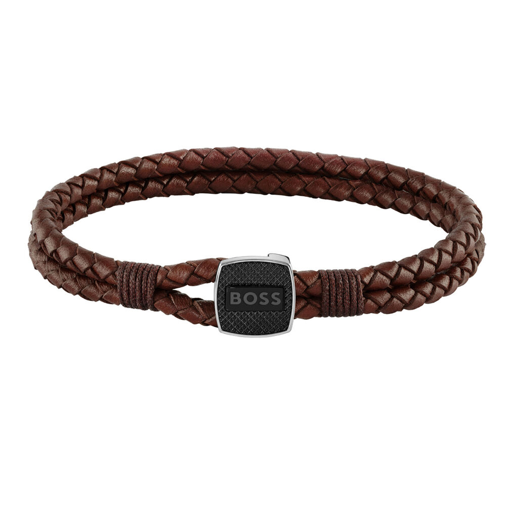 BOSS Gents Seal Braided Brown Leather Bracelet