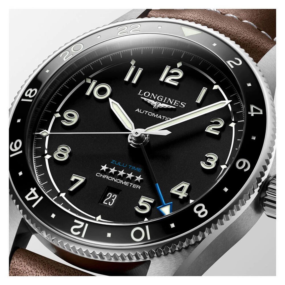 Longines Spirit Zulu 42mm Automatic Black Dial Black Bezel Brown Leather Strap Watch image number 4