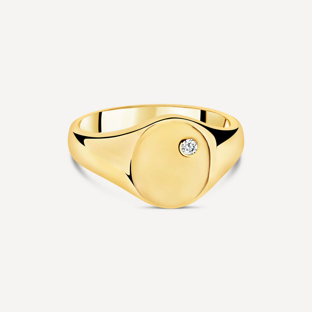 9ct Yellow Gold Oval Signet Diamond Set Ring image number 2