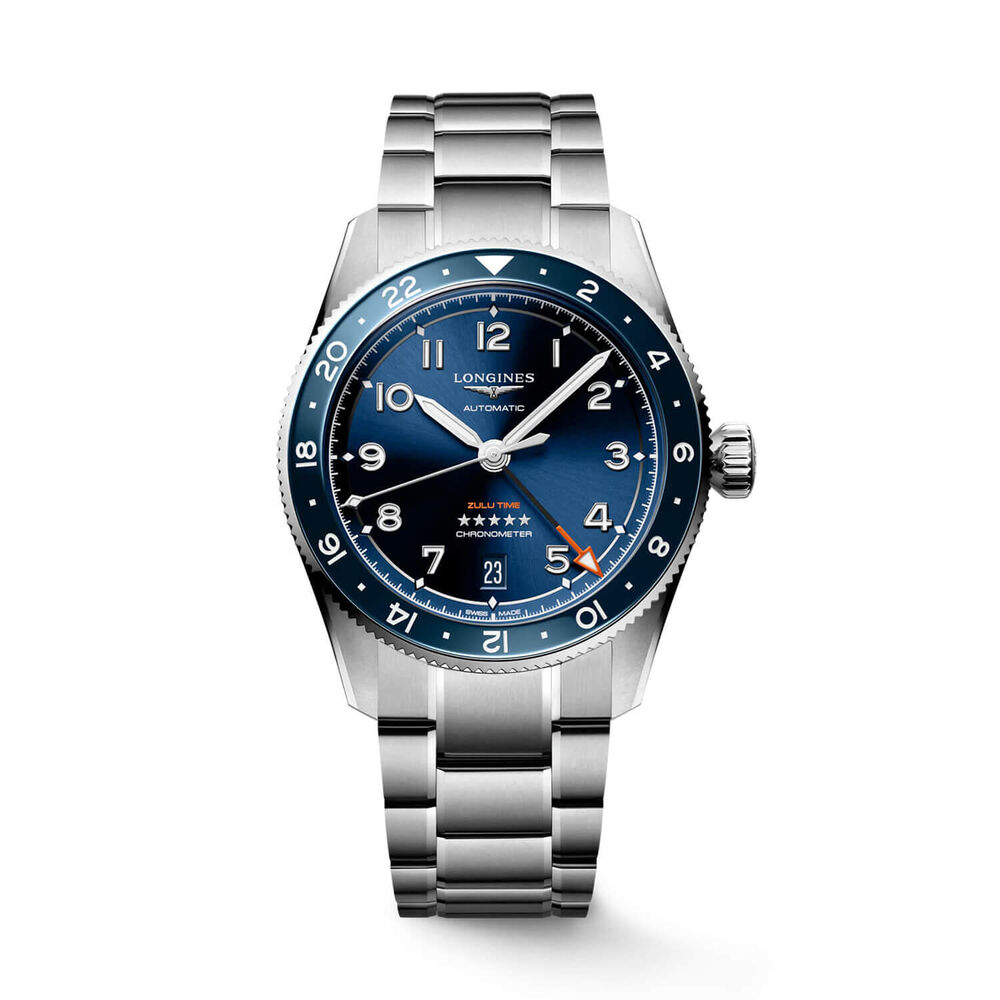 Longines Avigation Spirit Zulu 39mm Blue Sunray Dial Ceramic Case Steel Bracelet Watch