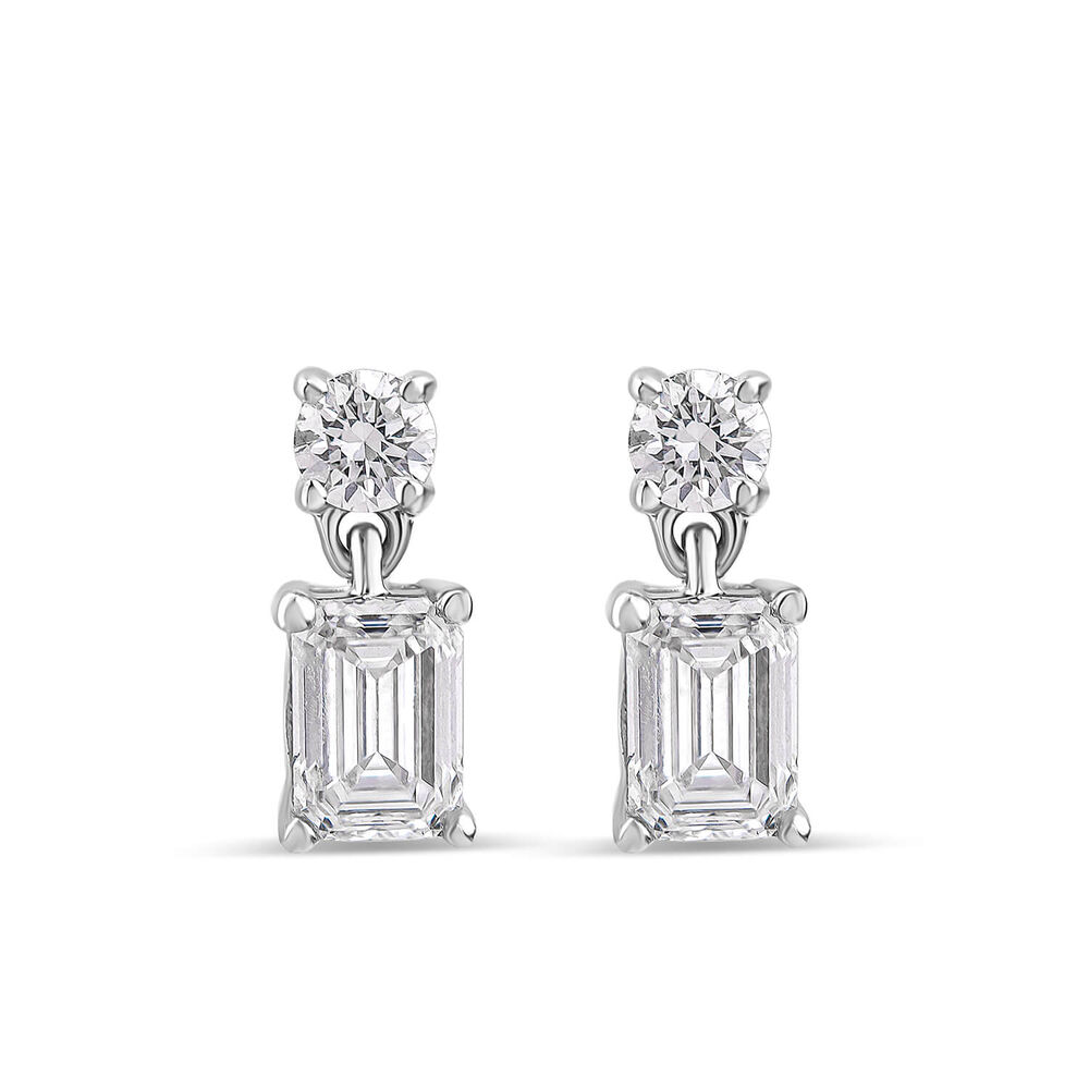 Born Classic 9ct White Gold Lab Grown 0.50ct Emerald Cut & Round Diamond Drop Earrings