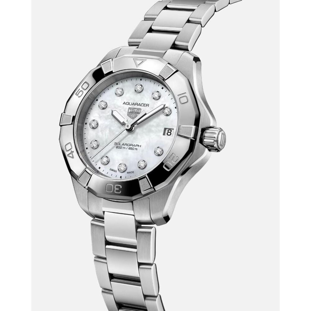 TAG Heuer Aquaracer Professional 200 Solargraph 34mm White MOP Dial Diamond Dot Steel Bracelet Watch