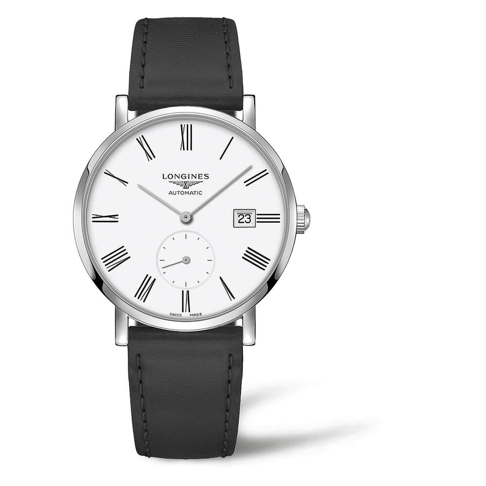 Longines Elegant 39mm Automatic White Dial Black Leather Strap Watch