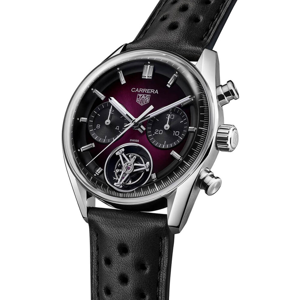 TAG Heuer Carrera Chronograph Tourbillon 42mm Purple Dial Black Leather Strap Watch