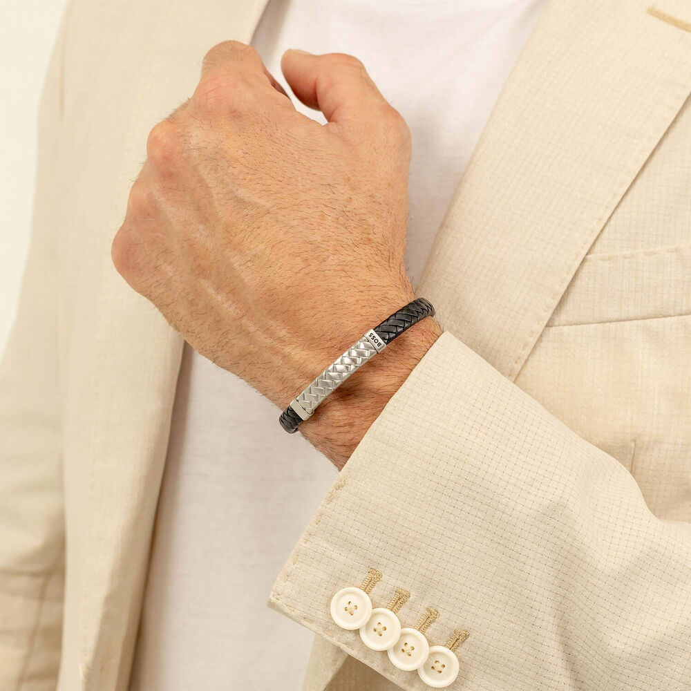 BOSS Tailored Herringbone Pattern Hardware Black Braided Leather Bracelet image number 3