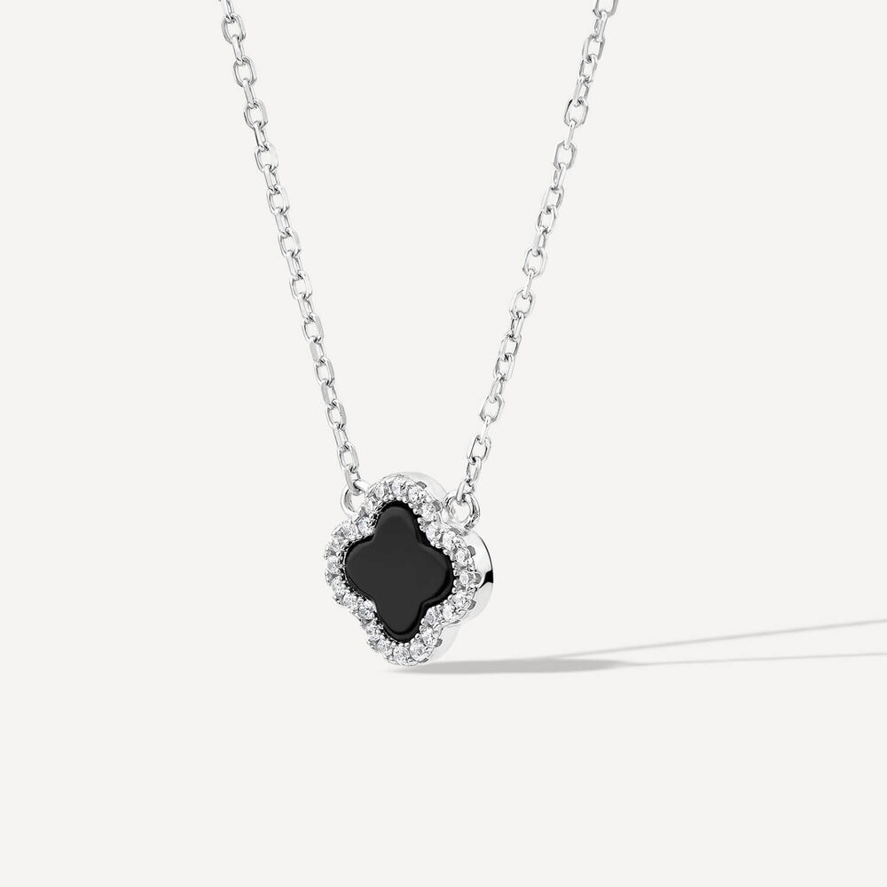 Sterling Silver Black Centre Cubic Zirconia Set Clover Petal Necklet
