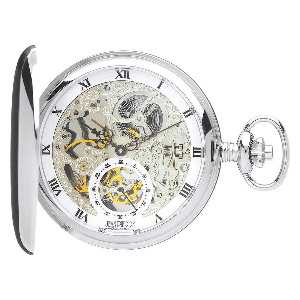 Jean Pierre Chrome Plated Double Hunter Mechanical Pocket Watch