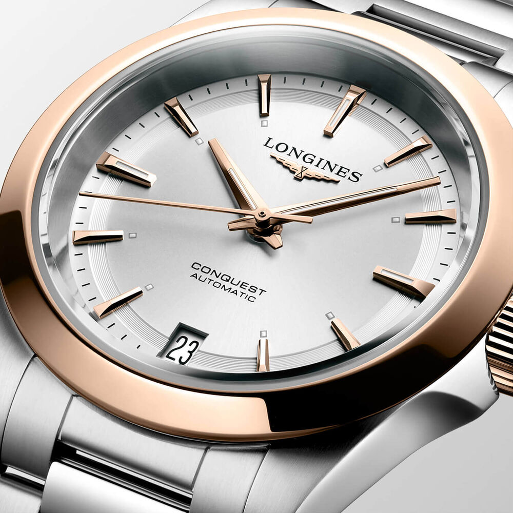 Longines Conquest 34mm Silver Dial Pink Gold Case Steel Bracelet Watch image number 3