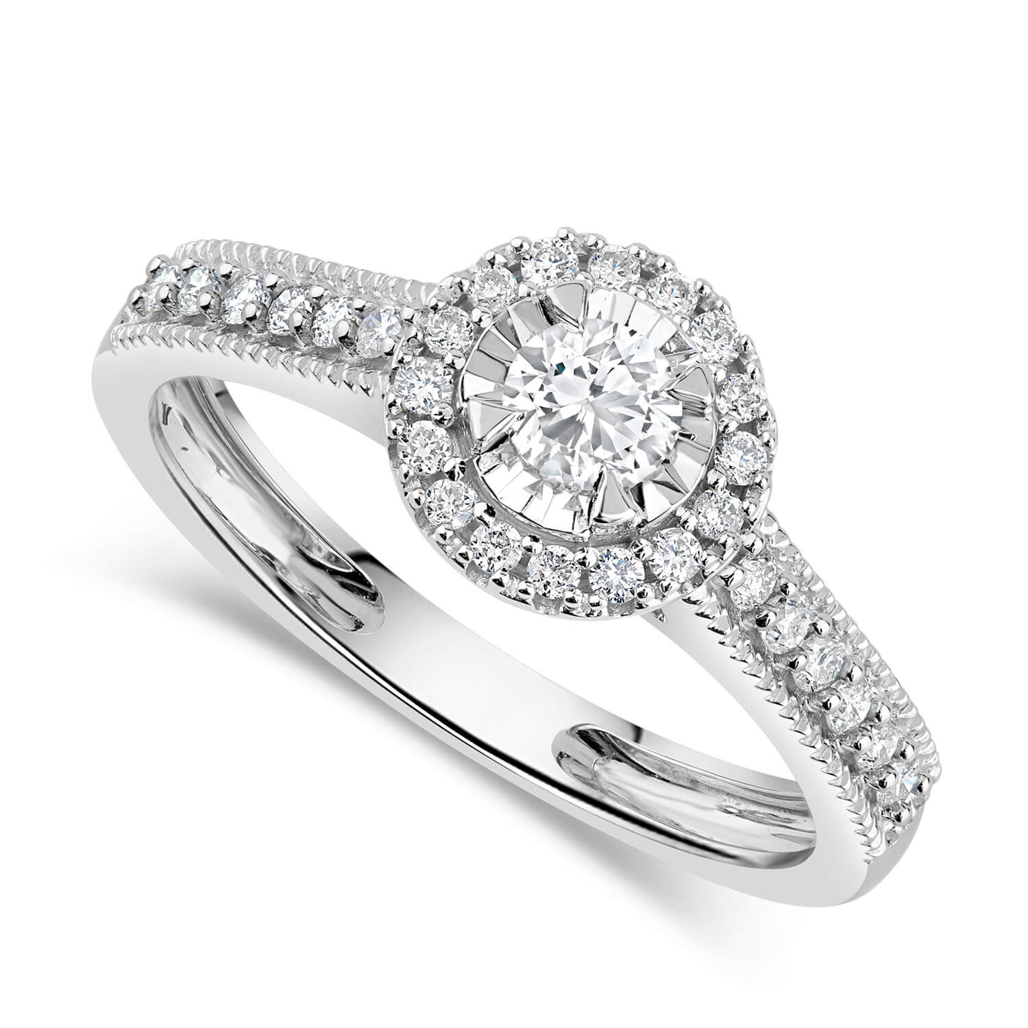 9ct White Gold 0.33ct Diamond Illusion Halo Pave Shoulders Ring