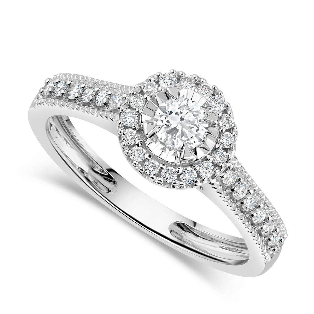 9ct White Gold 0.33ct Diamond Illusion Halo & Pave Shoulders Ring