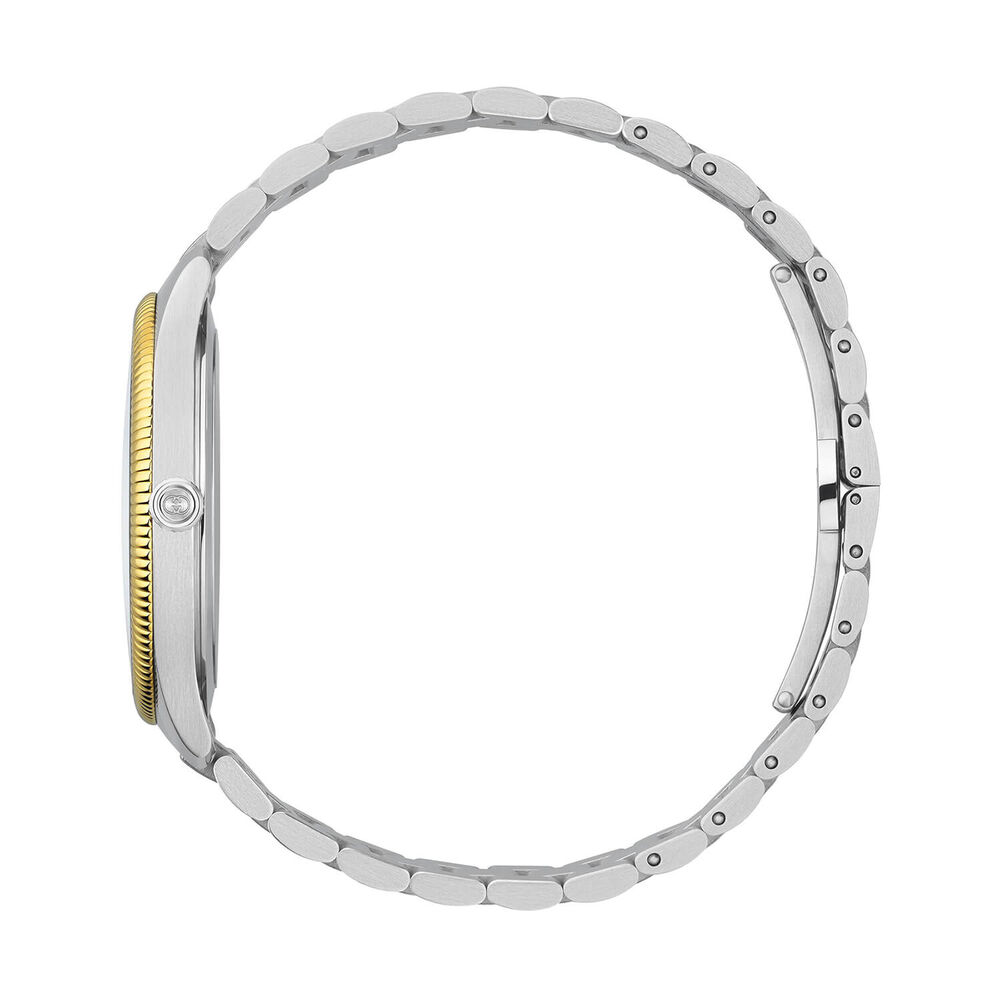 Gucci G-Timeless 38mm Silver Dial Yellow Gold Plated Bezel Stainless Steel Bracelet Watch