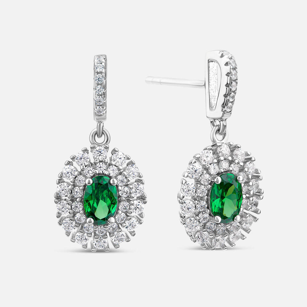 Sterling Silver Green & White Cubic Zirconia Double Halo Drop Earrings