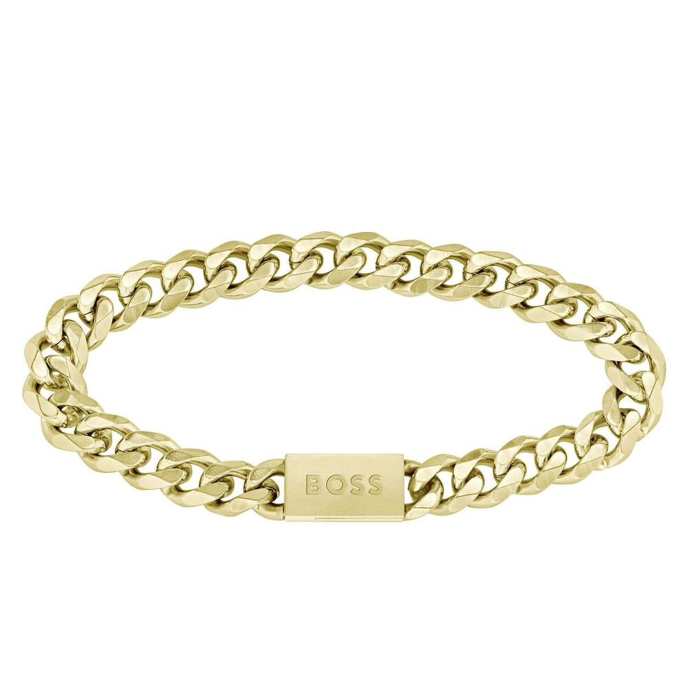 BOSS Light Yellow Gold Plated Curb Chain Logo Bracelet