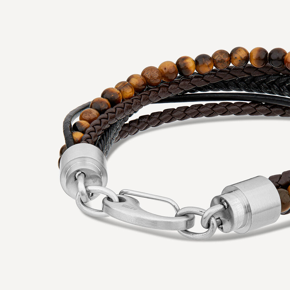 Gents Steel T-Eye & Leather Multi Strap Bracelet image number 2