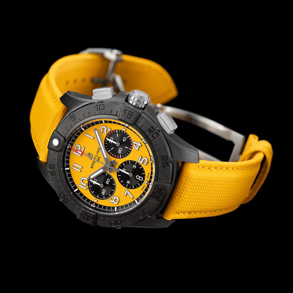 Breitling Avenger B01 Chronograph 44mm Yellow Dial & Black Ceramic Case Leather Strap Watch image number 2
