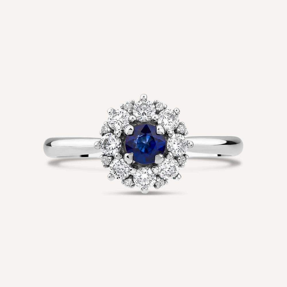 Platinum Sapphire Centre 0.38ct Diamond Halo Ring image number 1