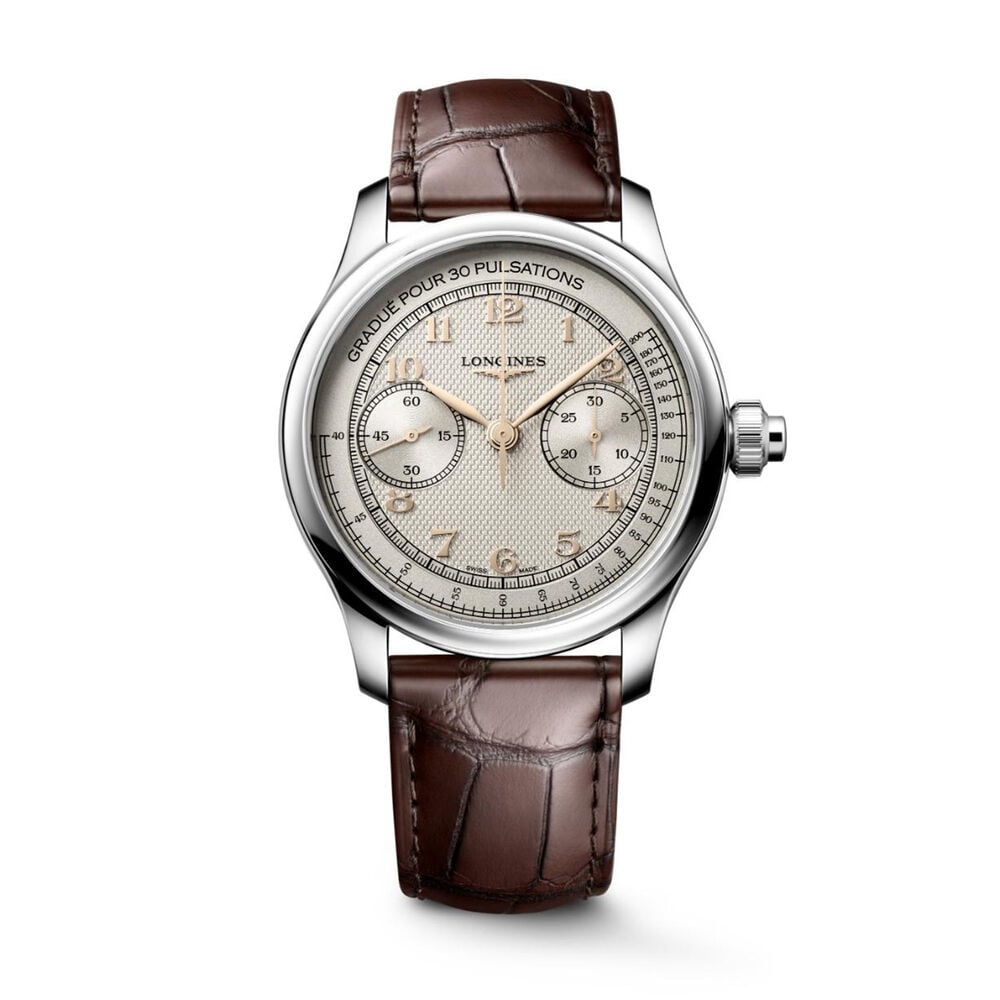Longines Master Collection Chrono Moonphase 41mm Silver Barleycorn Dial Leather Strap Watch