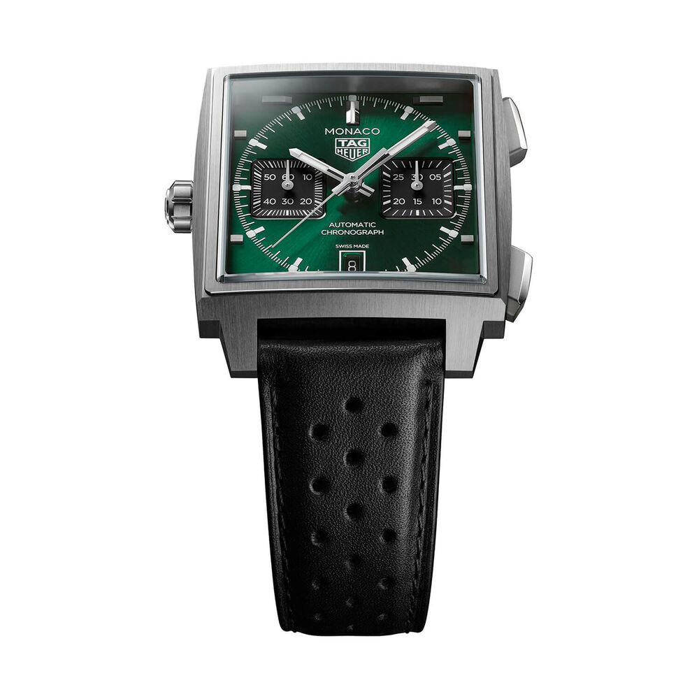TAG Heuer Monaco Chronograph 39mm Green Dial Black Leather Strap Watch