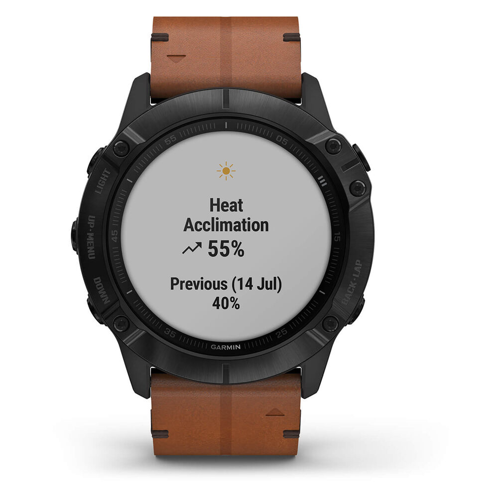 Garmin Fenix 6X Sapphire Black DLC Chestnut Leather Band Smartwatch image number 1
