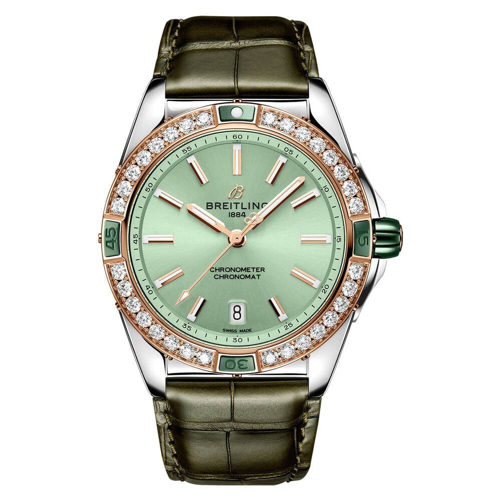 Breitling Super Chronomat Automatic 38 Green Dial Leather Strap Watch