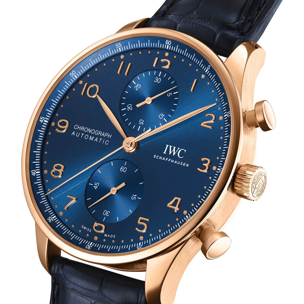 IWC Schaffhausen Portugieser Chronograph 42mm Blue Dial 18ct 5N Gold Case Leather Watch image number 1