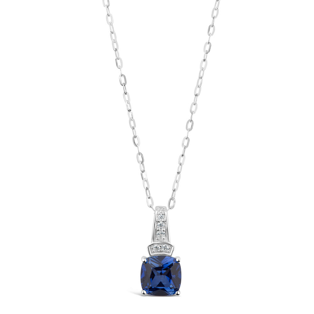 9ct White Gold Cushion Cut Created Sapphire & Cubic Zirconia Pendant (Chain Included)
