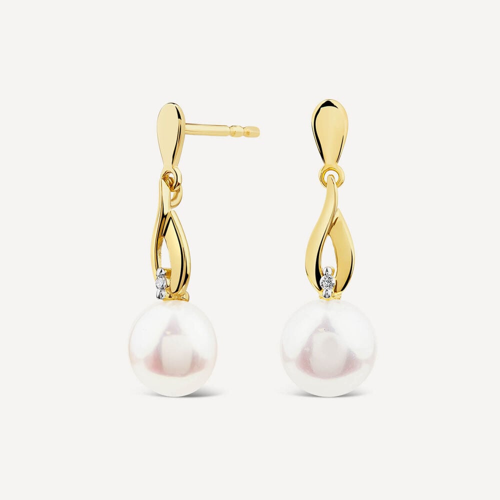 9ct Yellow Gold Freshwater Pearl & Diamond Set Drop Earrings image number 1