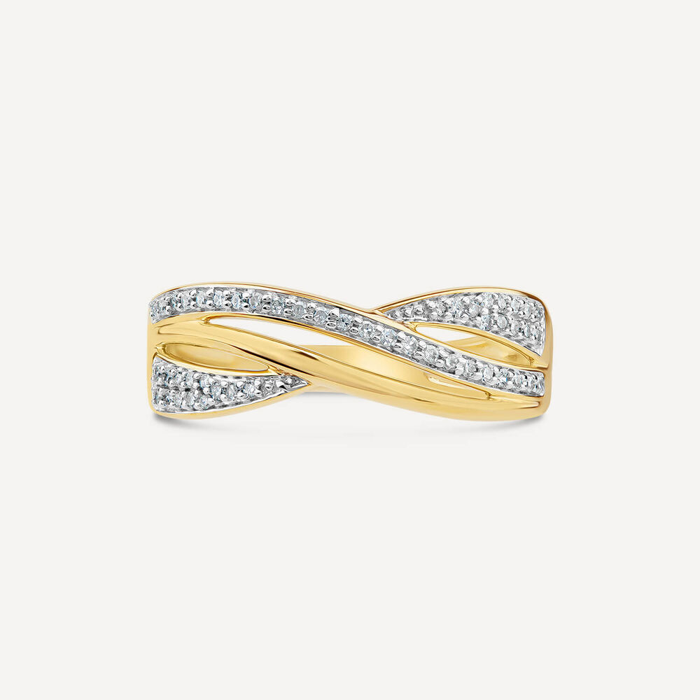 9ct Yellow Gold 3 Row Crossover 0.15ct Diamond Ring image number 1