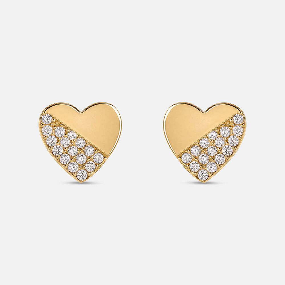 9ct Yellow Gold Pave Cubic Zirconia & Polished Heart Stud Earrings