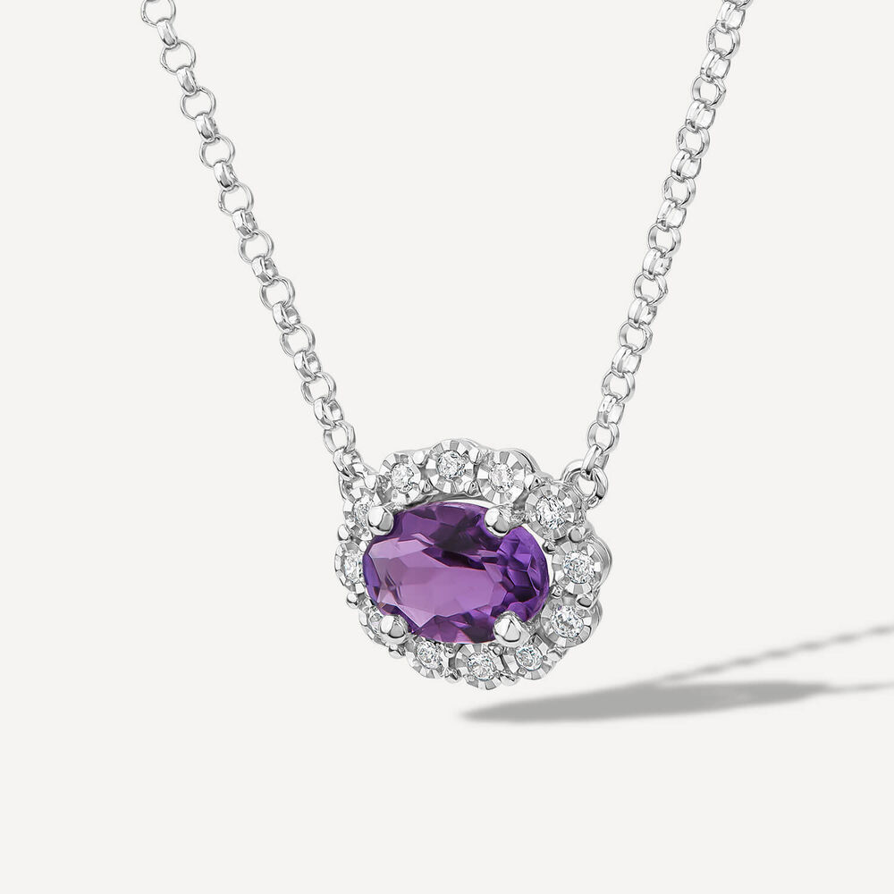 9ct White Gold Oval Amethyst 0.05ct Diamond Cluster Necklet