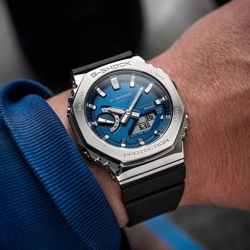 G-SHOCK Metal Covered 49.3mm Ice Blue Dial Black Resin Strap Watch image number 1