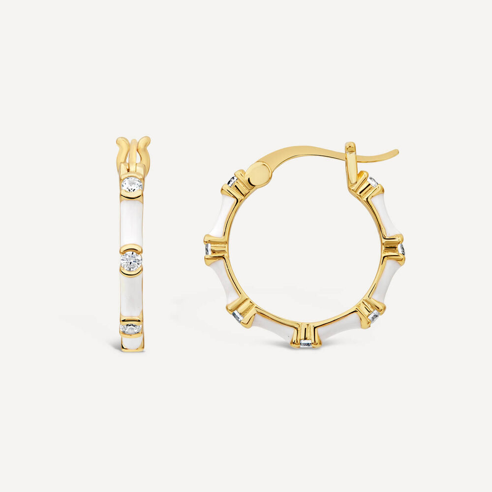 Silver & Yellow Gold Plated White Enamel & Cubic Zirconia Hoop Earrings image number 1