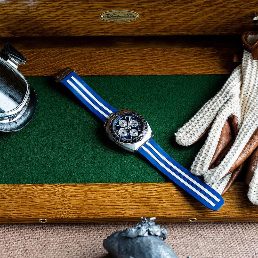 Bulova Shelby Racing Chronograph 43mm Blue Dial Striped Rubber Strap Watch image number 10