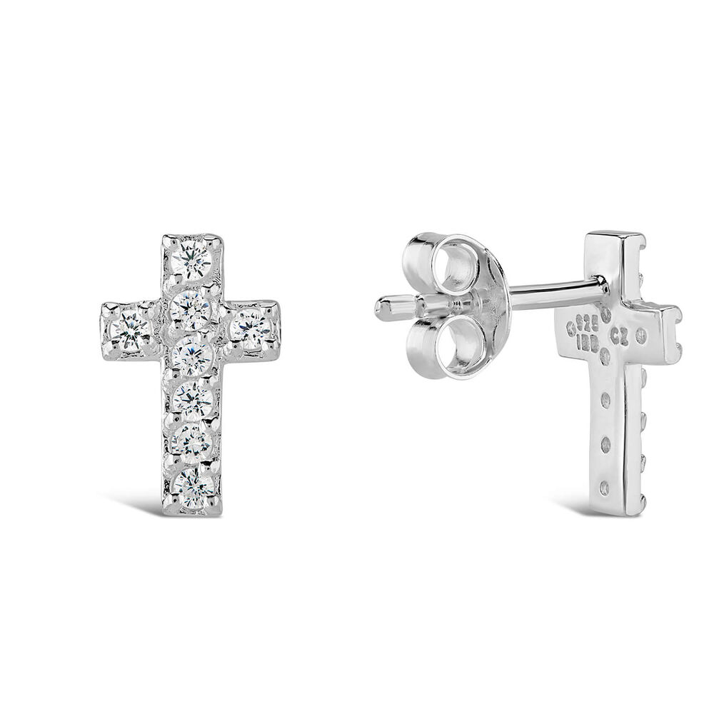 Sterling Silver Cubic Zirconia Set Cross Stud Earrings image number 2