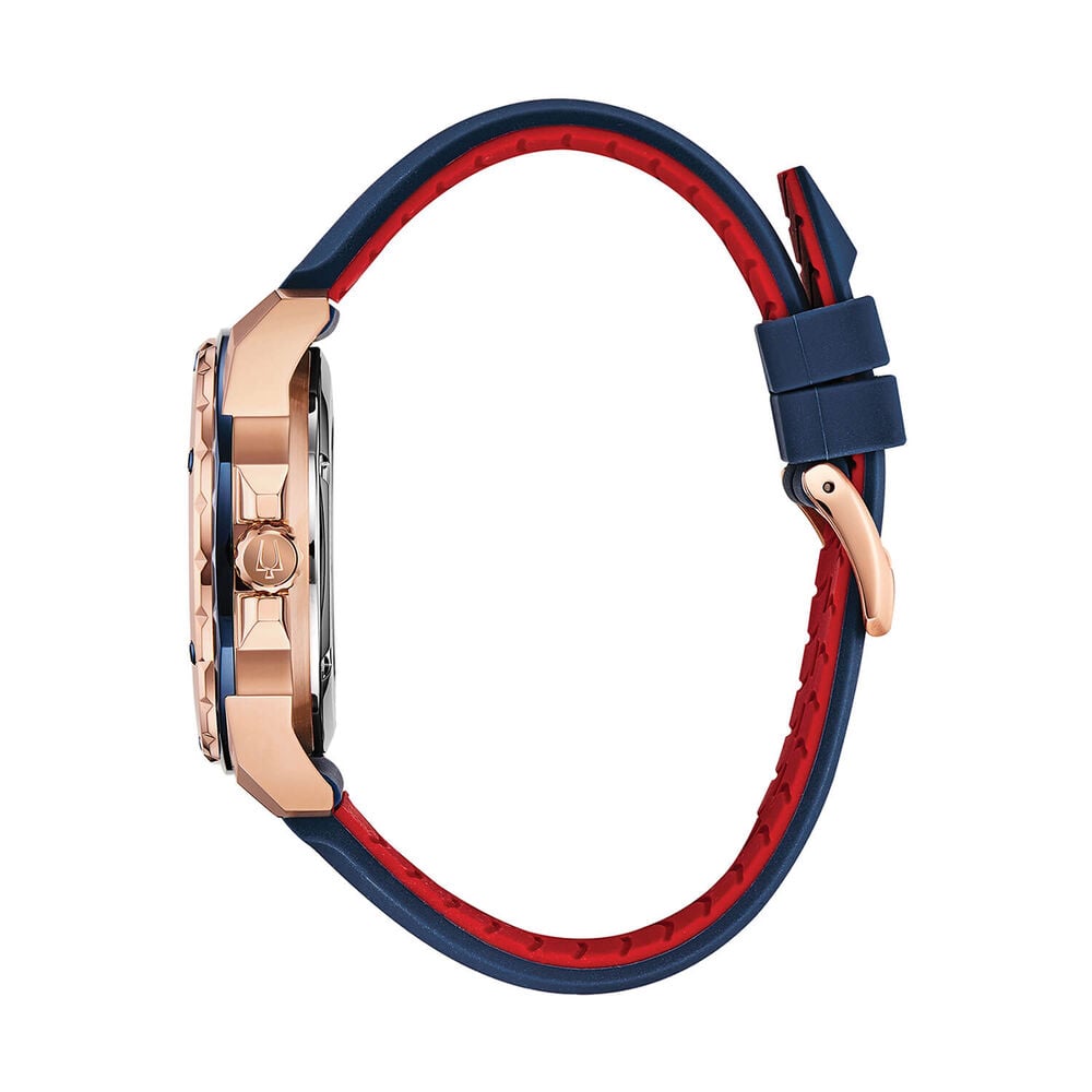 Bulova Marine Star Series A Automatic 45mm Blue Dial Rose Gold Tone Case Silicone Strap Watch image number 2