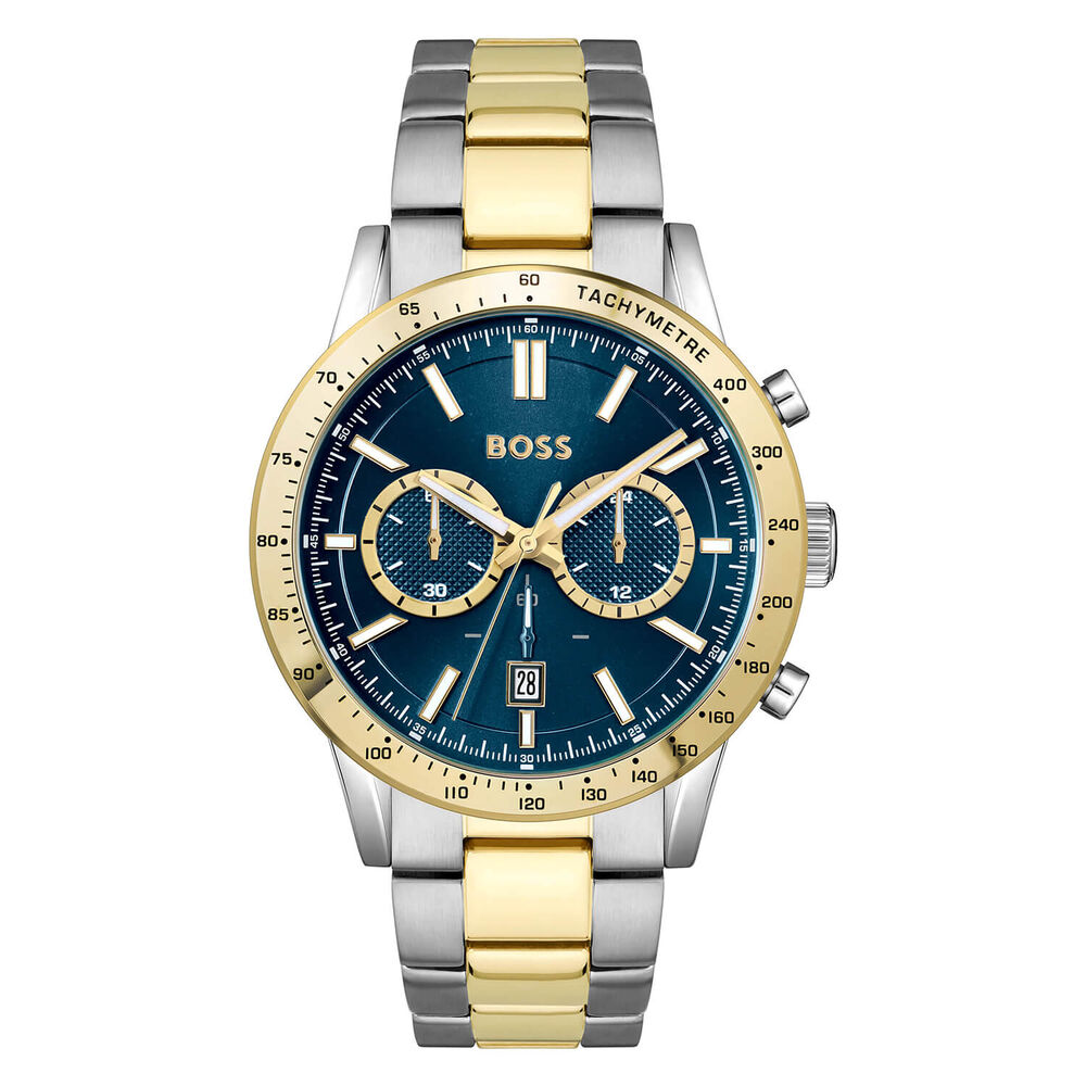 BOSS Allure Chronograph 44mm Blue Dial Yellow Gold Bezel Steel Bracelet Watch