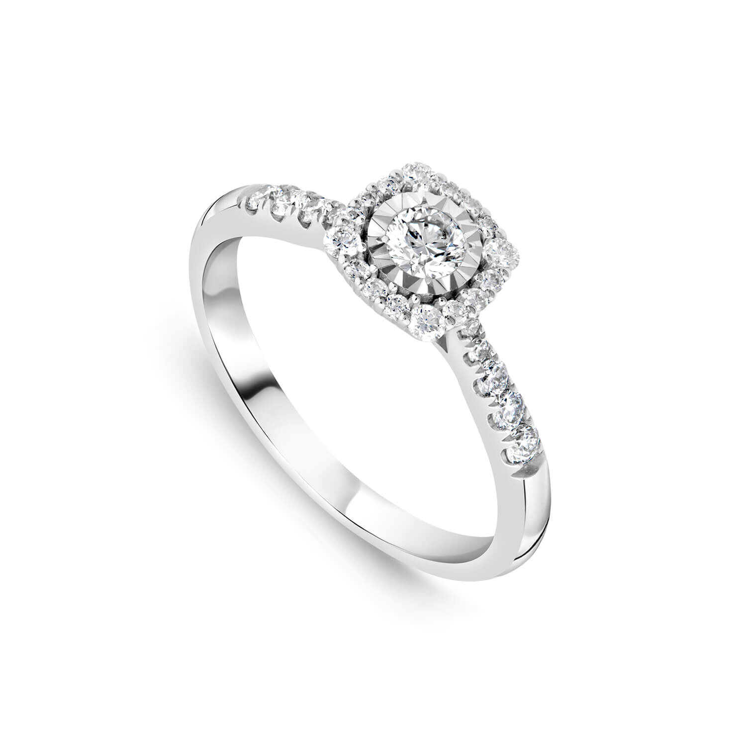 9ct White Gold 0.39ct Square Illusion Diamond Halo Shoulders Ring