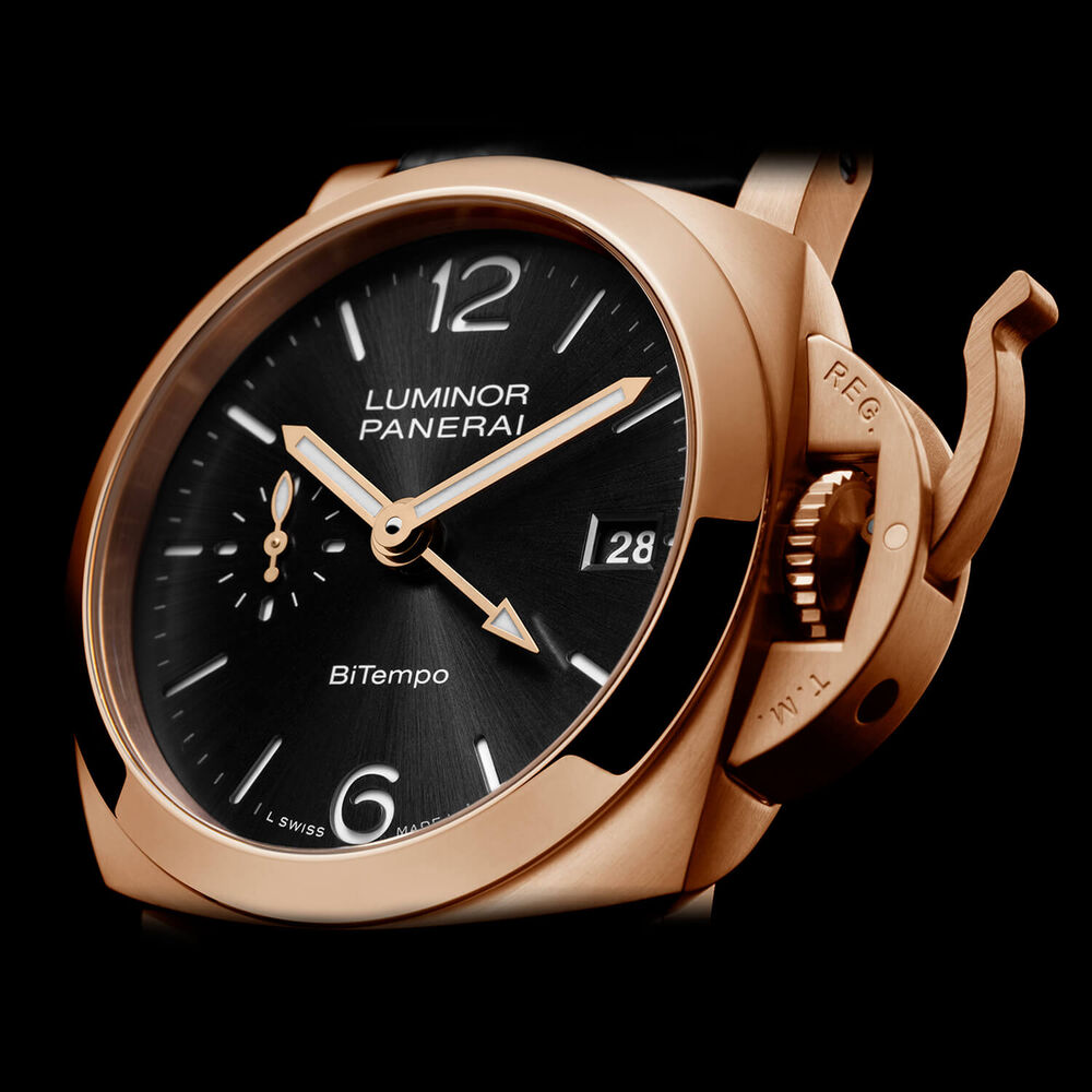 Panerai Luminor Quaranta BiTempo Goldtech&trade; 40mm Black Dial Leather Strap Watch image number 2
