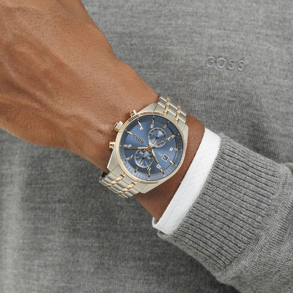 BOSS Skytraveller Chronograph 44mm Blue Dial Gold Tone Bezel & Bracelet Watch image number 4