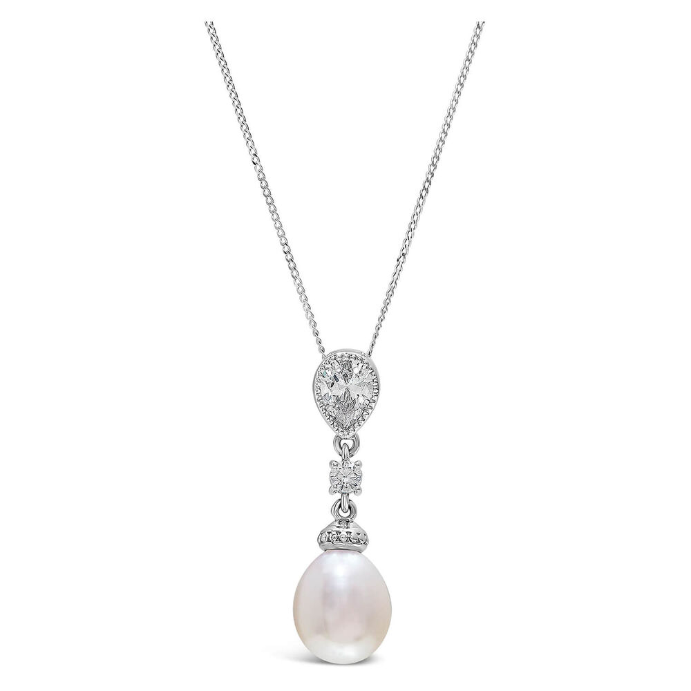 9ct White Gold Oval Freshwater Pearl and Cubic Zirconia Round and Pear Top Pendant (Chain Included)